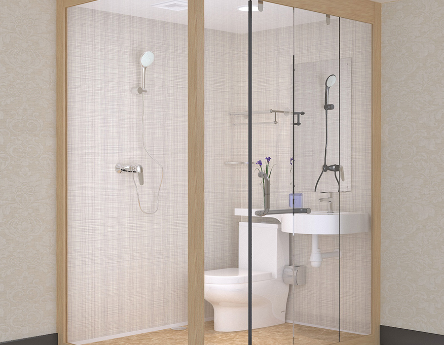 Modulares Hotelbadezimmer mit Innenwandpaneelen aus PEC-Harzfaser und Außenwänden aus Glas