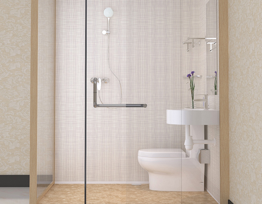 Modulares Hotelbadezimmer mit Innenwandpaneelen aus PEC-Harzfaser und Außenwänden aus Glas
