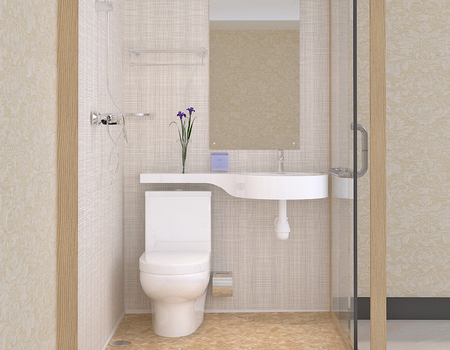 Modulares Hotelbadezimmer mit Innenwandpaneelen aus PEC-Harzfaser und Außenwänden aus Glas