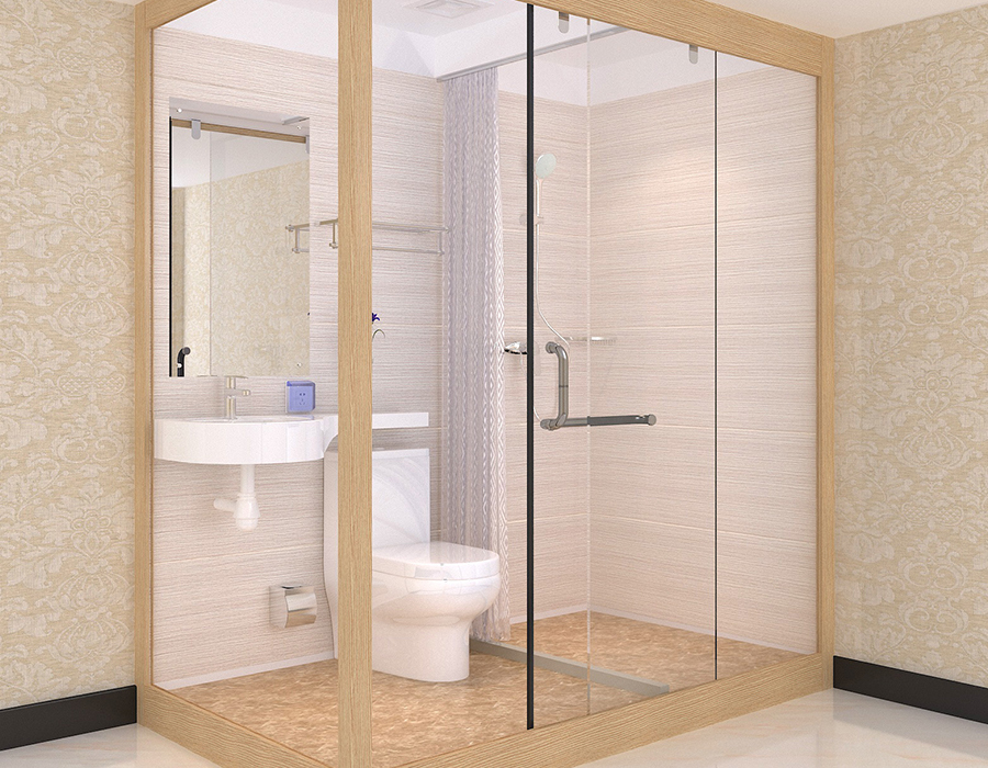 Modulares Hotelbadezimmer mit Innenpaneelen aus PEC-Harzfaser und Außenwänden aus Glas