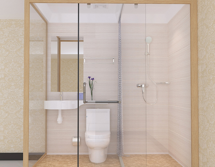 Modulares Hotelbadezimmer mit Innenpaneelen aus PEC-Harzfaser und Außenwänden aus Glas