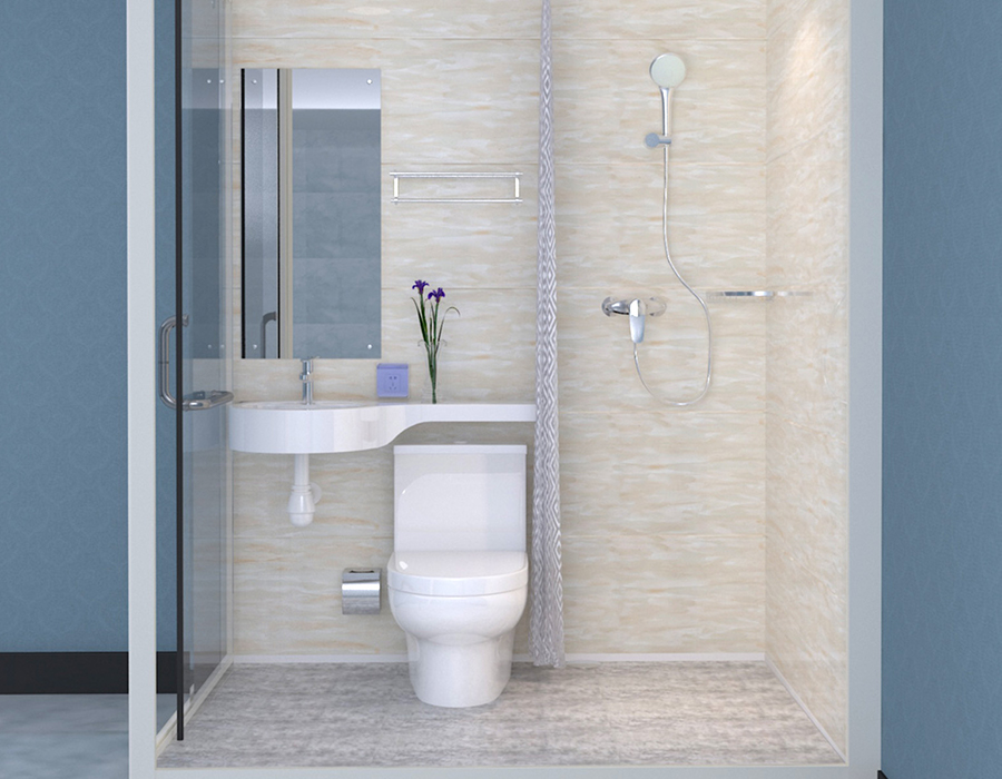Modulares Fertigbad mit Glasaußenwänden für eine schnelle und effiziente Installation