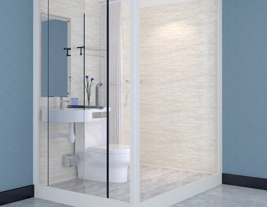 Modulares Fertigbad mit Glasaußenwänden für eine schnelle und effiziente Installation