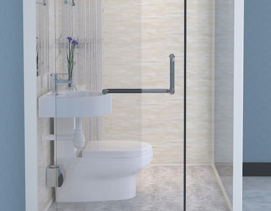 Modulares Fertigbad mit Glasaußenwänden für eine schnelle und effiziente Installation